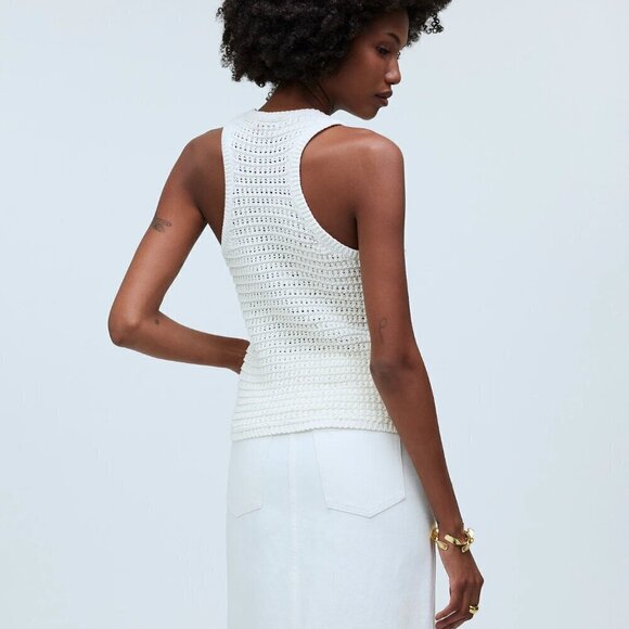 Madewell Crochet-Knit Crewneck Cotton Sweater Tank Bright Ivory Size S - Picture 2 of 8